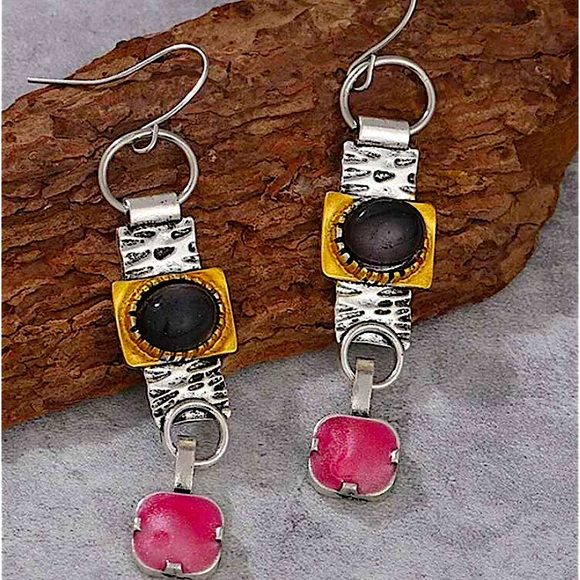 Silver Geometric Stone Boho Vintage Drop Dangle Earrings - Picture 3 of 4